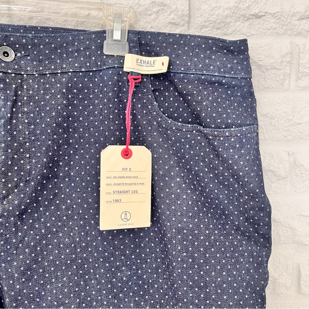 NWT Lands End Polka Dot Dark Denim Plus Size Jeans Fit 2 Straight Leg, Size 24W - Picture 2 of 5